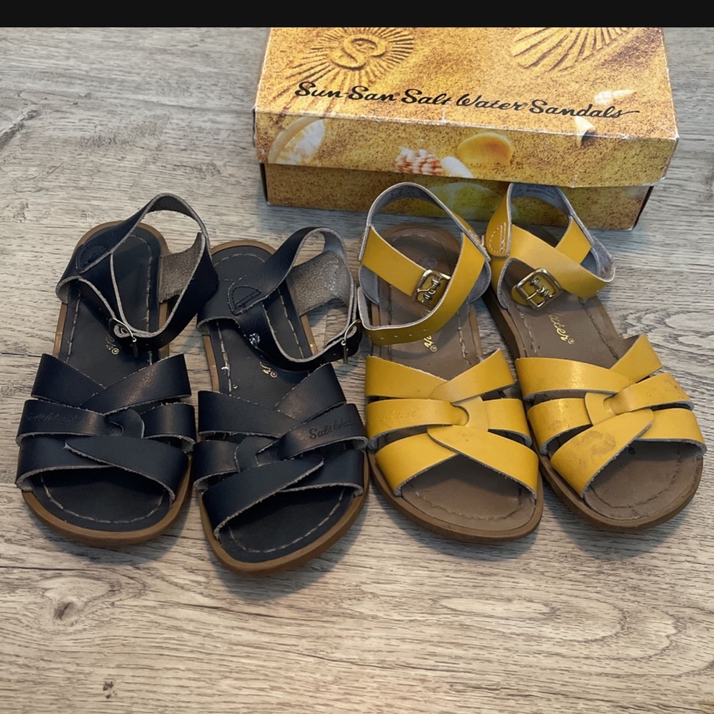 Saltwater sandals. Mustard yellow and navy blue